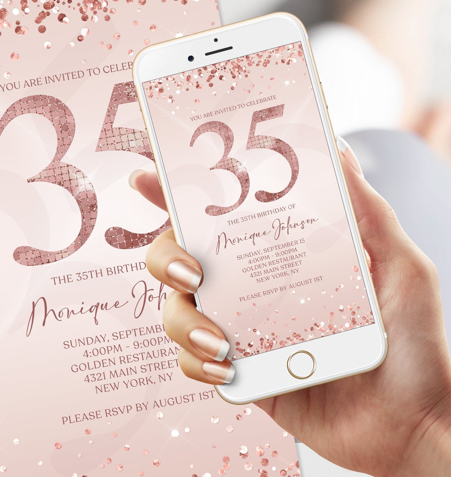 Electronic Thirty Five 35th Birthday Invitation Template, Digital Birthday Invite, Rose Gold Birthday Invitation, DIY Editable Mobile Evite