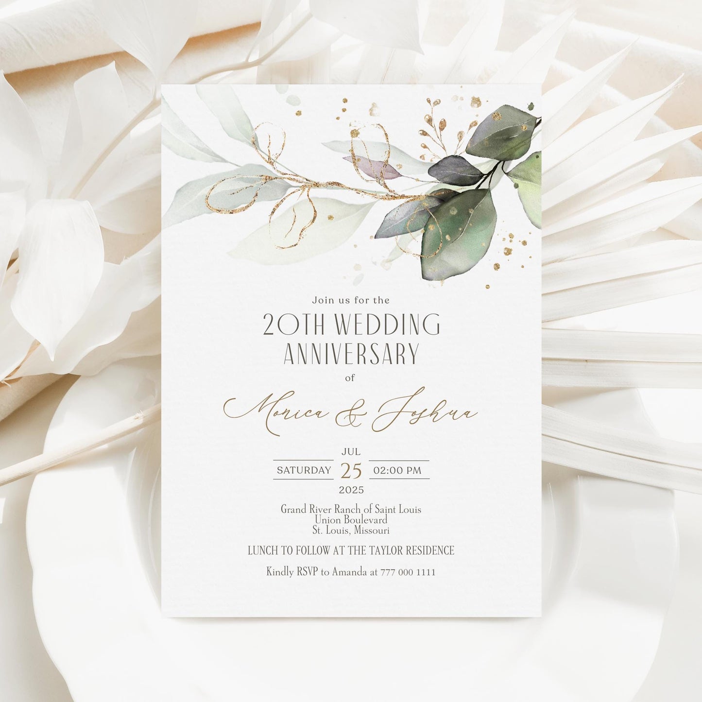 Editable Greenery Anniversary Card Invitation, Eucalyptus Leaves Wedding Anniversary template, Printable Celebration Dinner Digital Invite