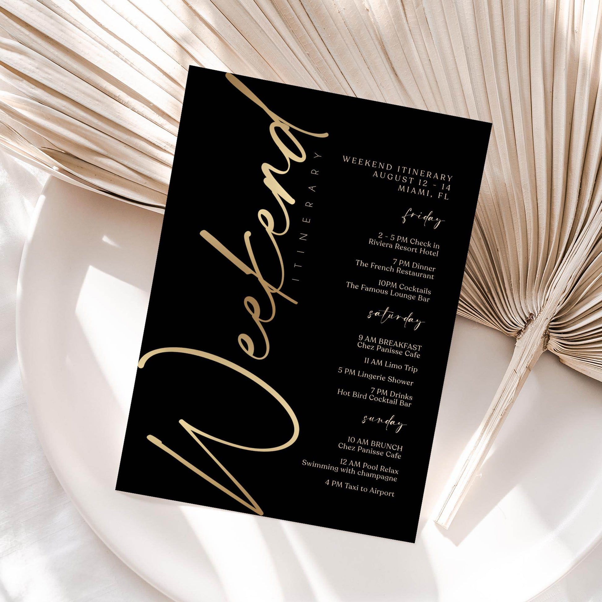 Black Gold Weekend Itinerary Template, Editable Birthday or Bachelorette Schedule, Printable Weekend Event Planner, Instant Download