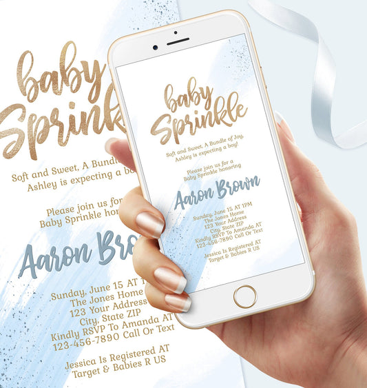 Digital Boy Baby Sprinkle text message invitation template, Blue Gold Foil Baby Shower Invite, Electronic Baby Sprinkle Invite, Phone Evite