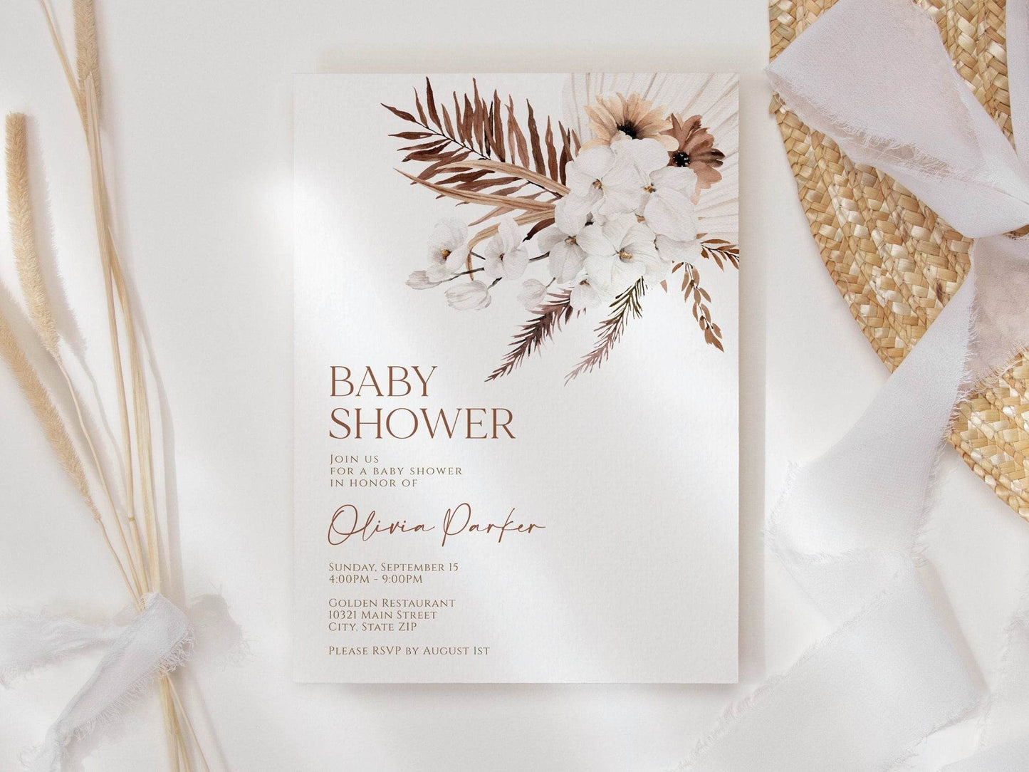 Printable Boho Baby Shower Invitation, Boho Floral Baby Shower Brunch Invite, Gender Neutral Dried Flower Baby Shower Template, DIY Instant Download