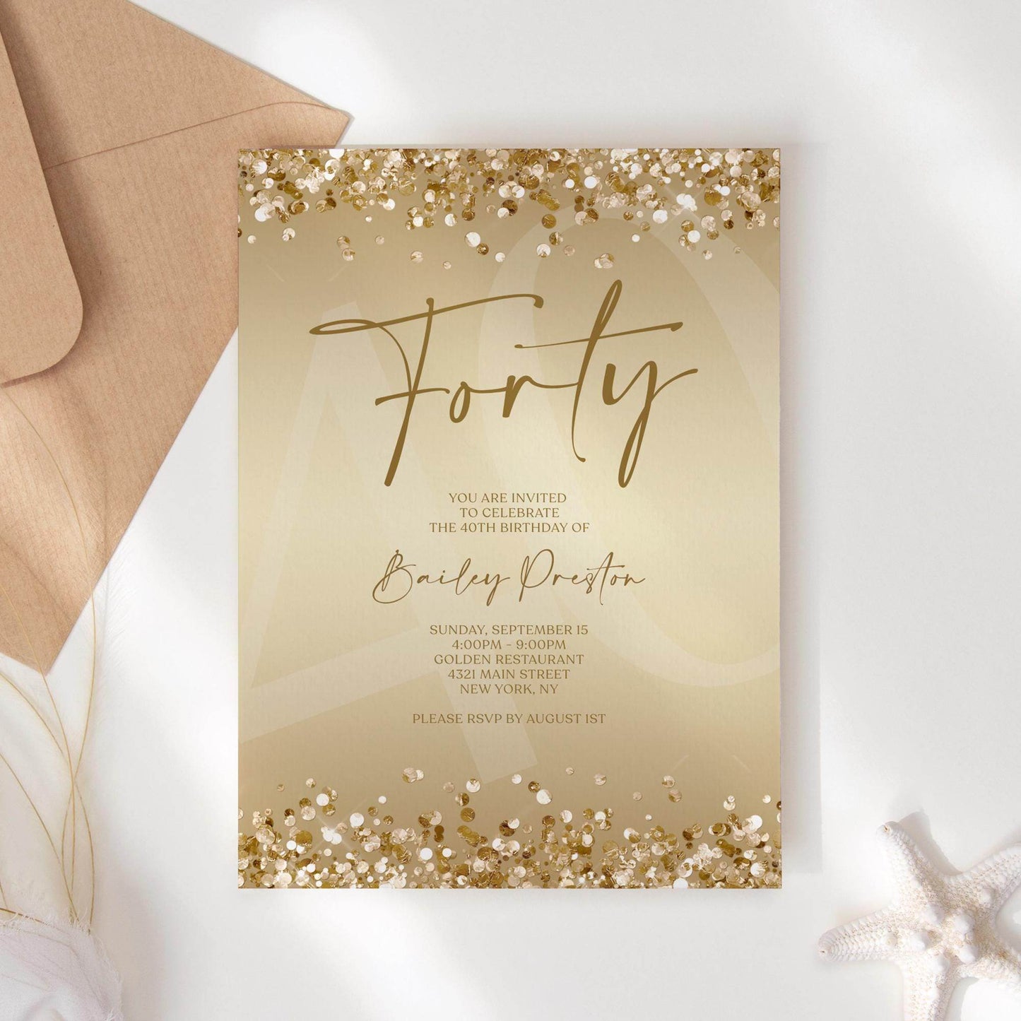 Gold 40th Birthday Invitation Template, Editable Forty Party Printable Invite, Ladies Surprise Birthday Evite, Text Message Digital Download