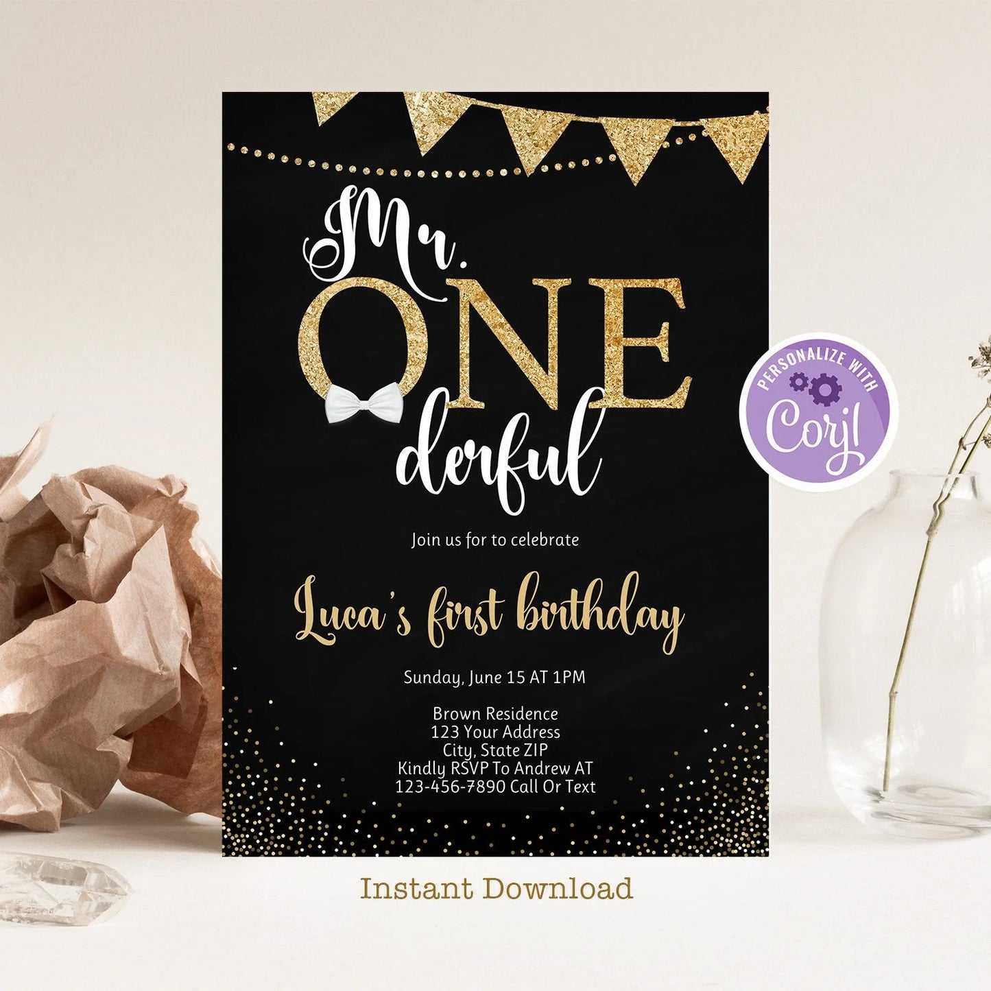 Mr. ONEderful Birthday Printable Invitation, Editable First Birthday Invitation Template, Boy Birthday Invite One, Instant Download Digital
