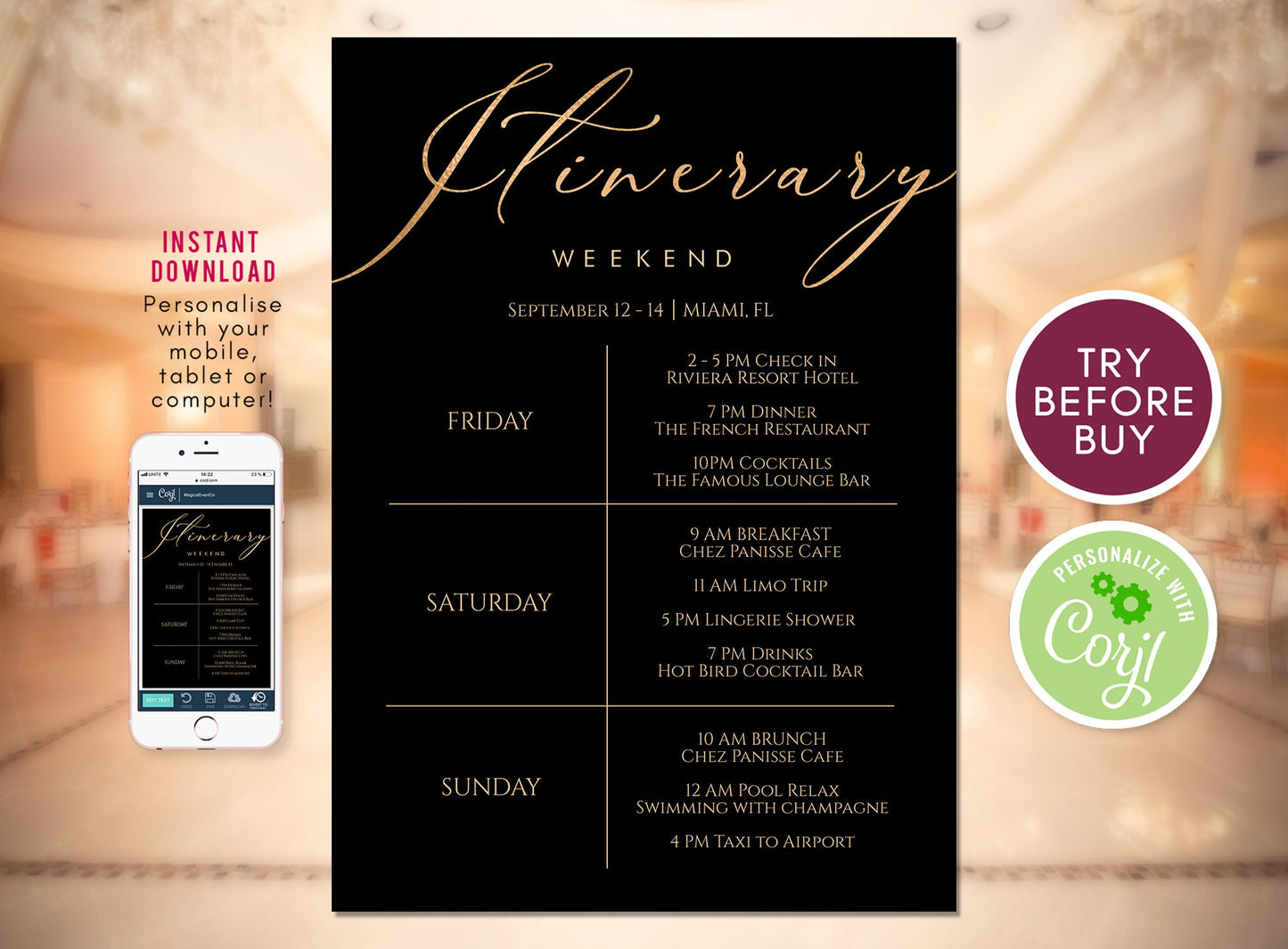 Printable Itinerary Template | Editable Weekend Itinerary for Events - MagicalEventCo