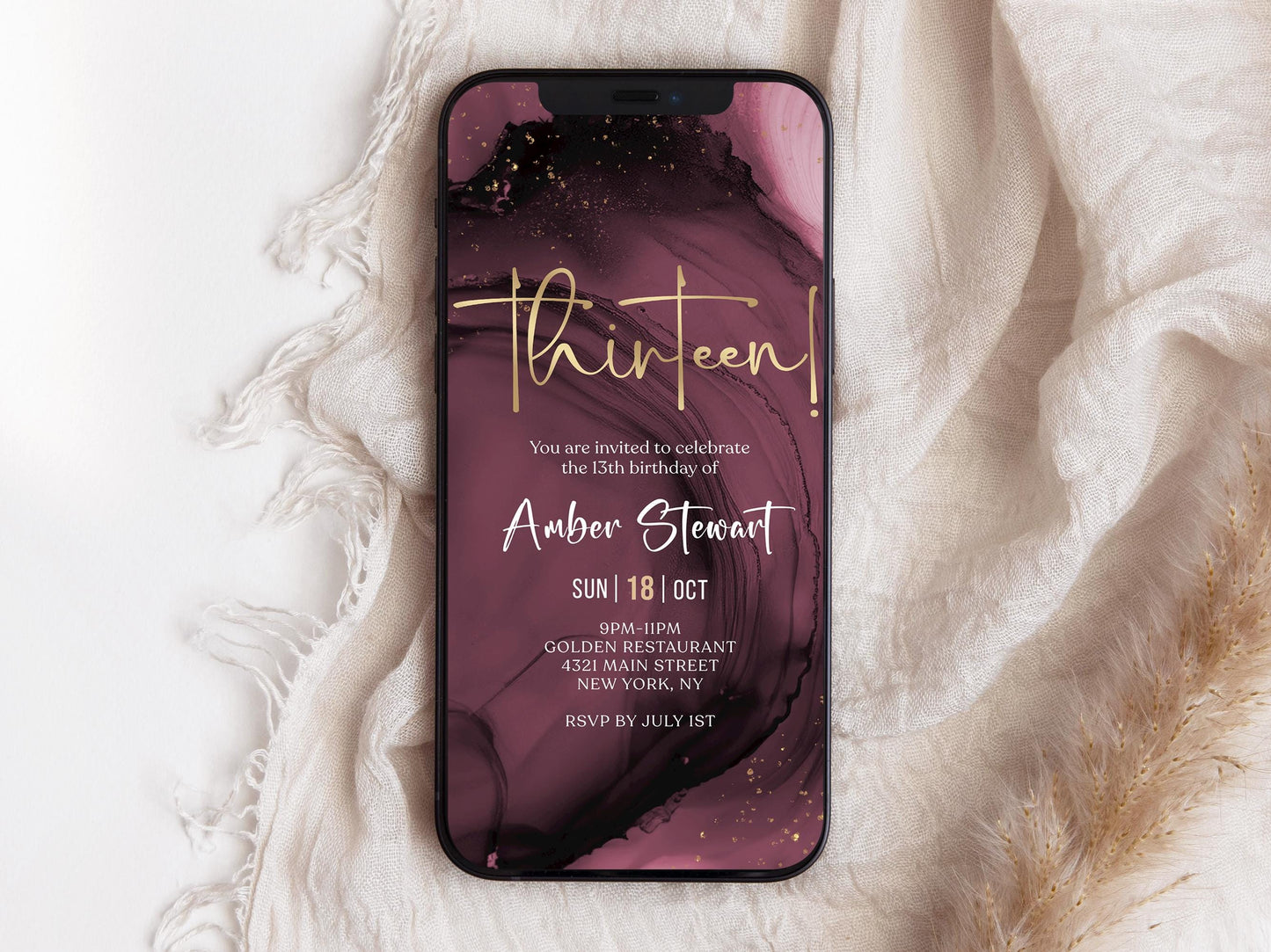 Maroon Purple Gold 13th Birthday Invitation Template | Digital Evite for Teen