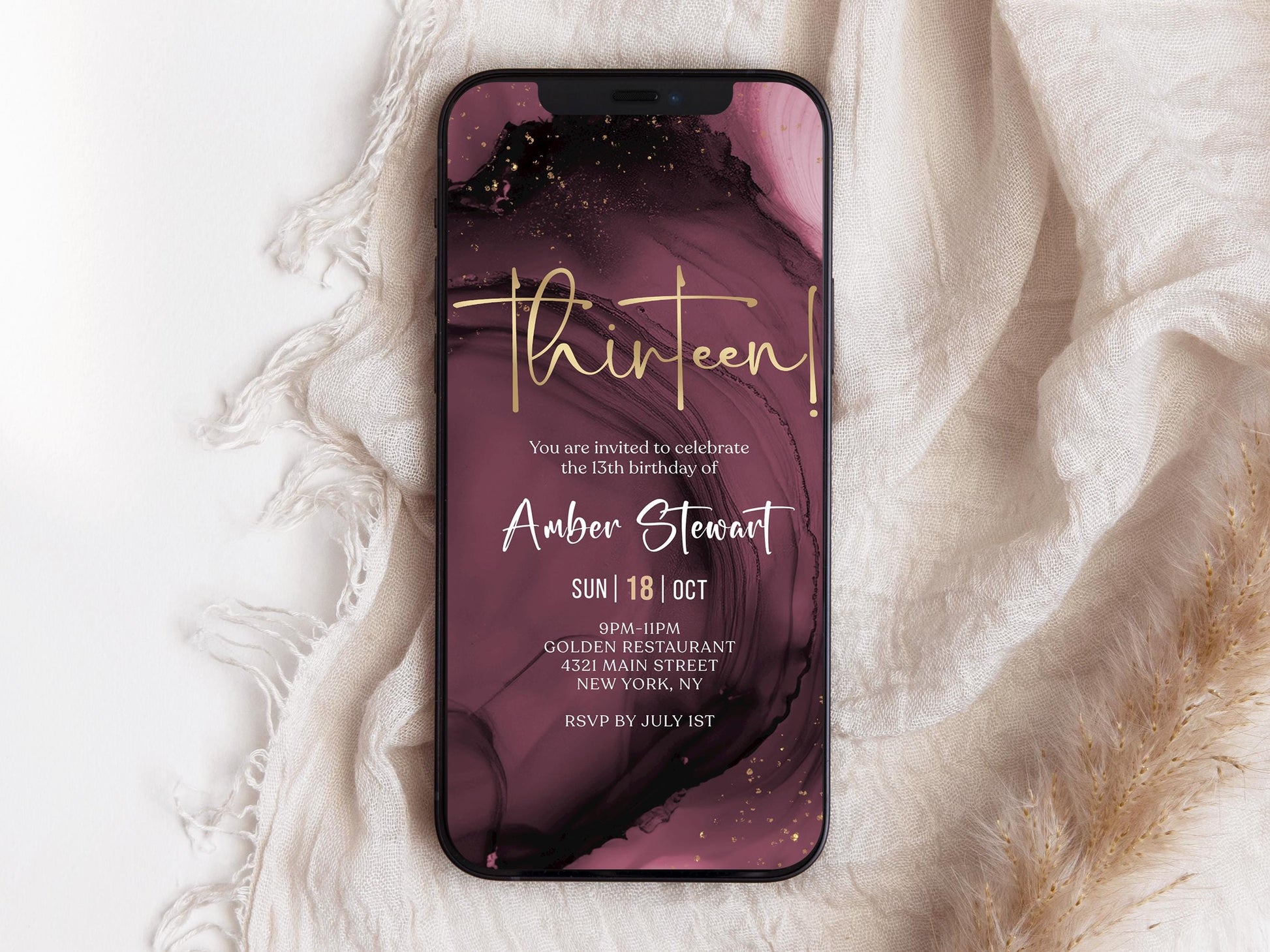 Maroon Purple Gold 13th Birthday Invitation Template | Digital Evite for Teen