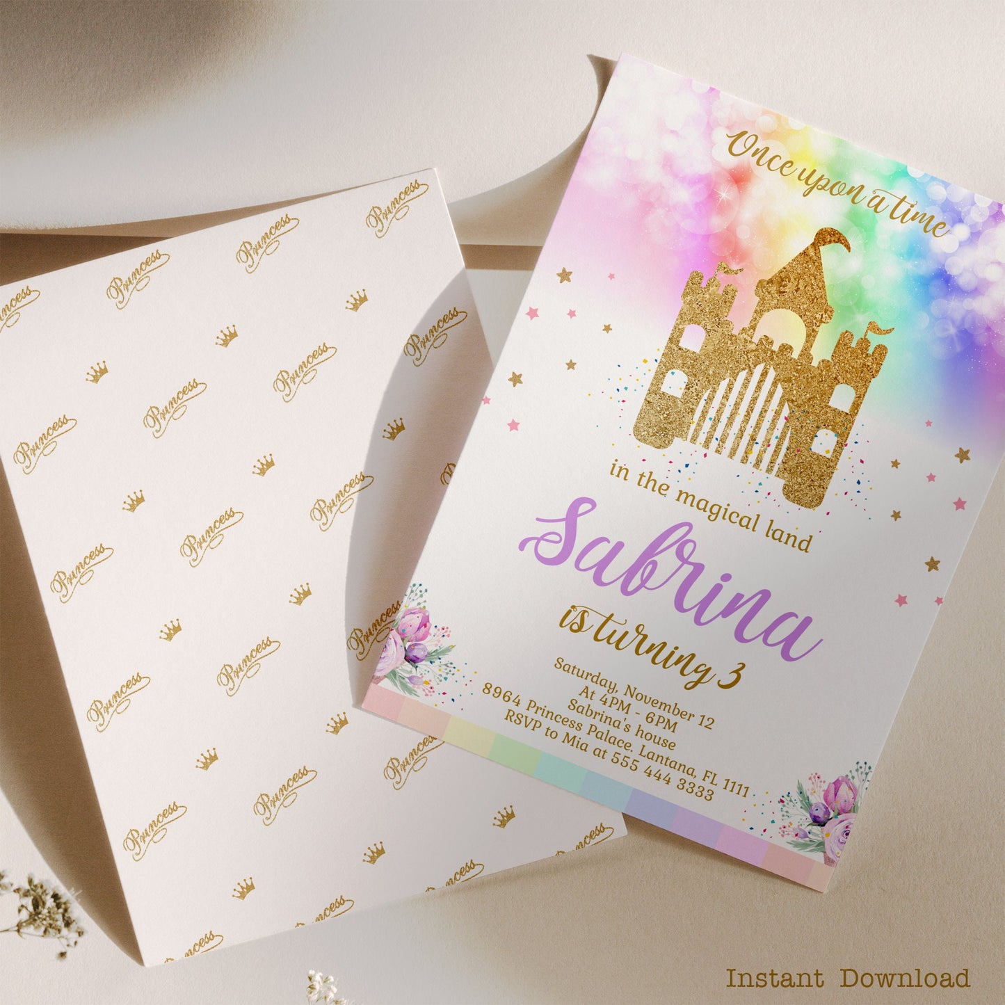 Princess Girl 3rd Birthday Invitation, Editable Template Rainbow Castle Invite, Gold Princess Party Invitation, Instant Download DIY File
