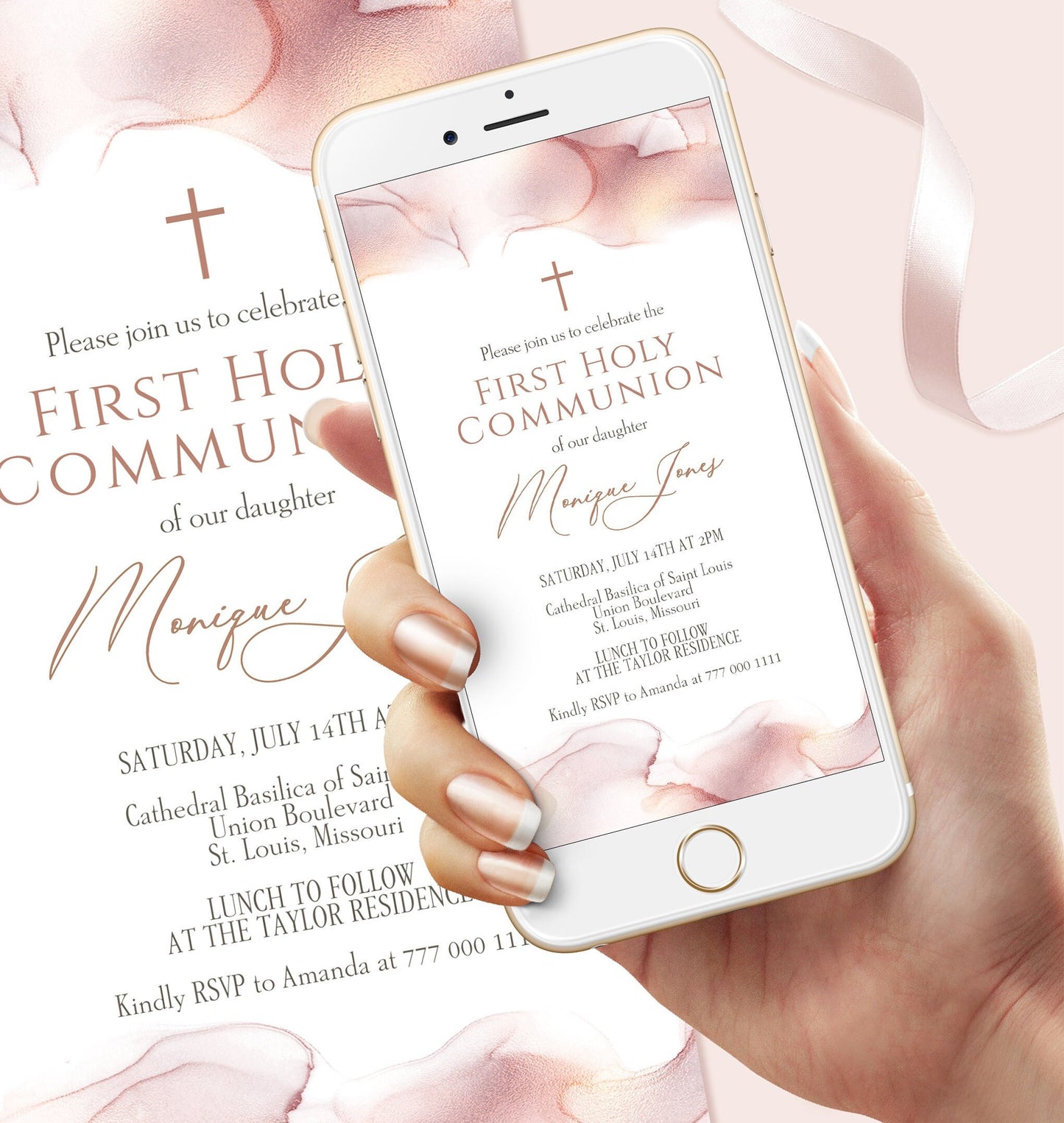 Rose Gold First Communion Invitation | Baptism & Christening Evite | Editable Digital Template | Text Message Invite | Instant Download