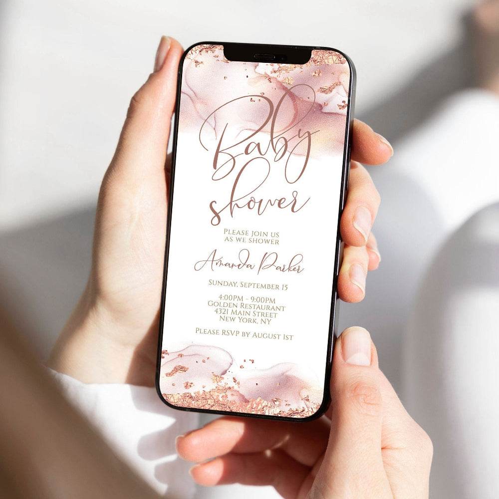 Digital Girl Baby Shower Invitation – Rose Gold Electronic Baby Shower Invite | Editable Text Message Evite | Sweet Baby Girl Template | Instant Download