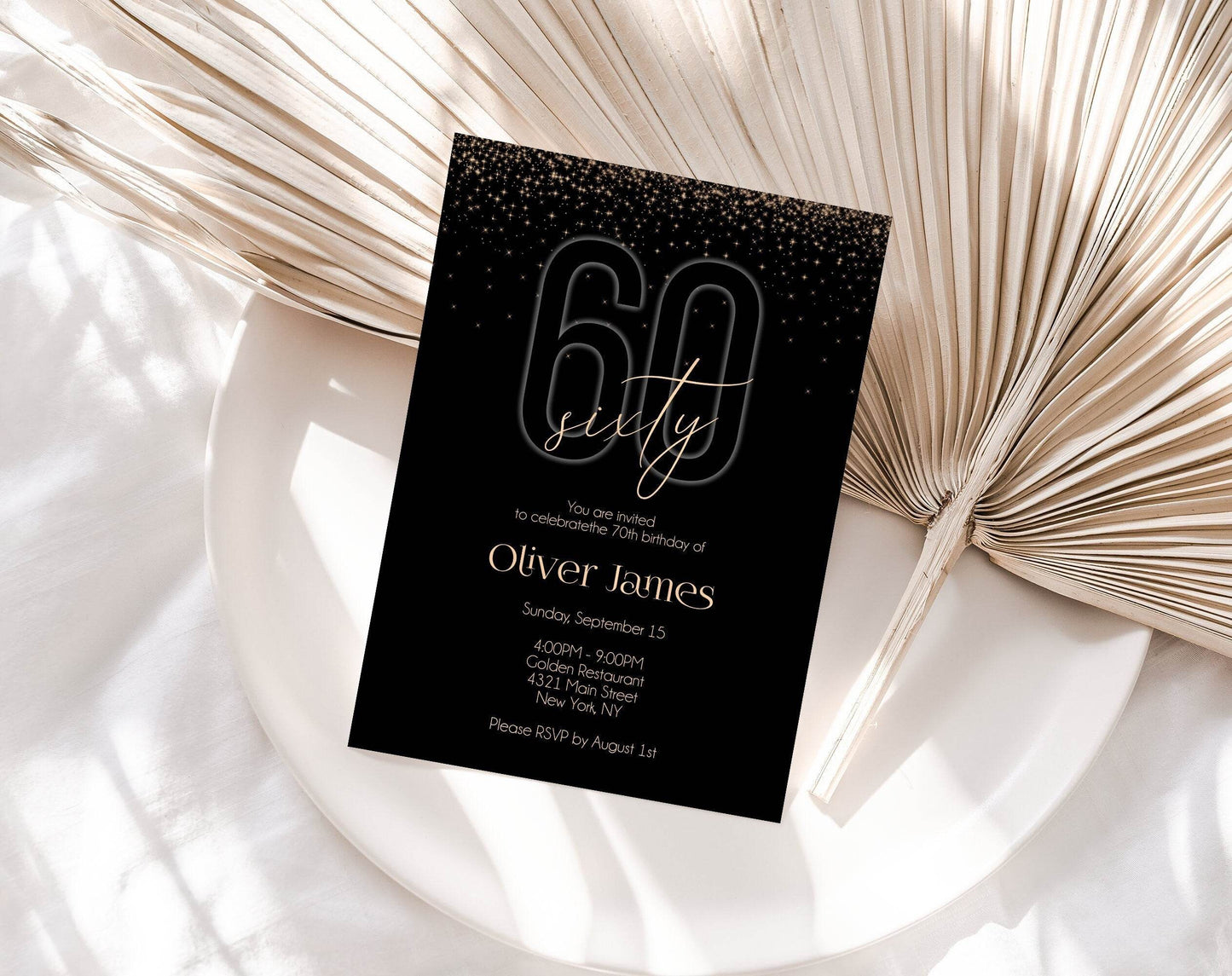60th Birthday Invitation Printable, Sixty Birthday Party, Black Gold Men Birthday Invitation, Editable Luxury Invite, Instant Download, 5x7
