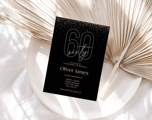60th Birthday Invitation Printable, Sixty Birthday Party, Black Gold Men Birthday Invitation, Editable Luxury Invite, Instant Download, 5x7