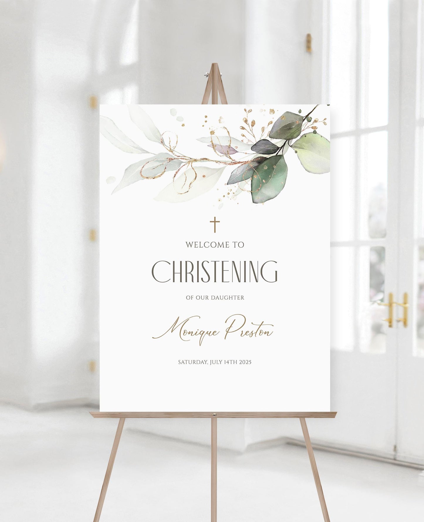 Editable Christening Welcome Sign Template, Greenery Eucalyptus Leaves, Printable Boy Or Girl Christening Welcome Poster Board Decorations