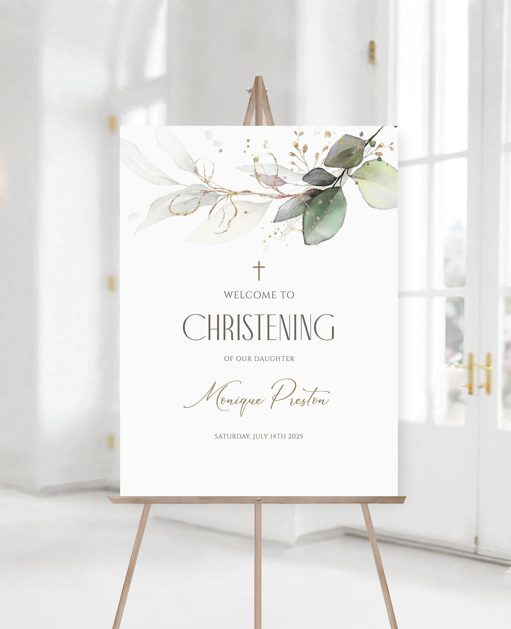 Editable Christening Welcome Sign Template, Greenery Eucalyptus Leaves, Printable Boy Or Girl Christening Welcome Poster Board Decorations