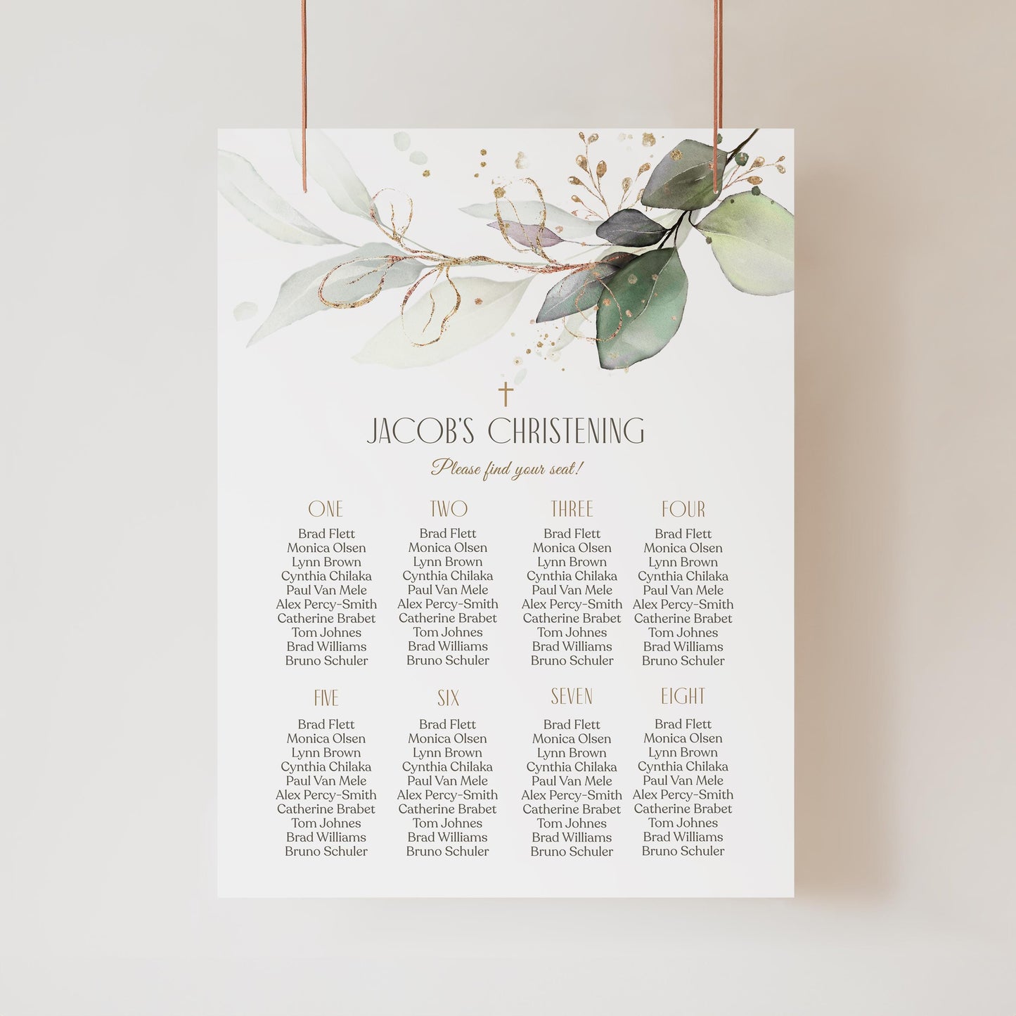 Editable Christening Seating Chart Sign Template, Greenery Seating Table Plan Sign, Printable Baptism Seating Chart, Boy or Girl Christening