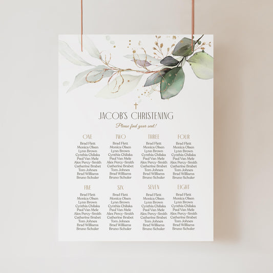 Editable Christening Seating Chart Sign Template, Greenery Seating Table Plan Sign, Printable Baptism Seating Chart, Boy or Girl Christening