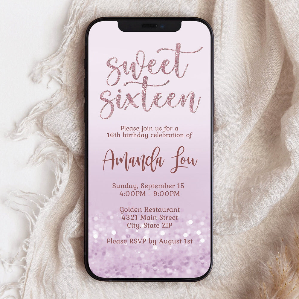 Lavender Sweet 16 Birthday Party Invitation, Lilac Glitter Electronic Invite Template, Editable 16th Birthday DIY Digital Evite, Instant Download
