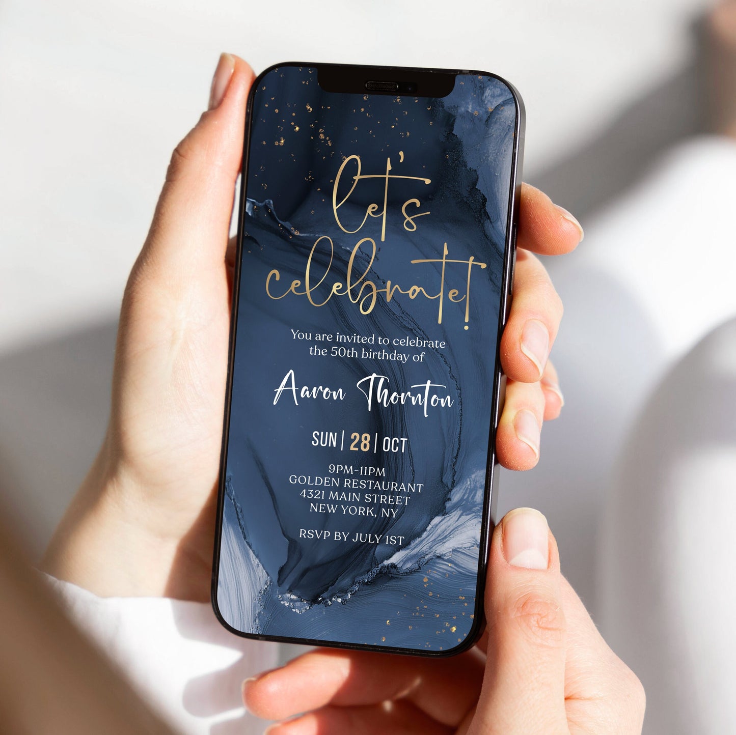 Blue Gold Let's Celebrate Birthday Invitation Template, Digital Birthday Party Invites, Electronic Any Age Invites, Man Boy Birthday Evite