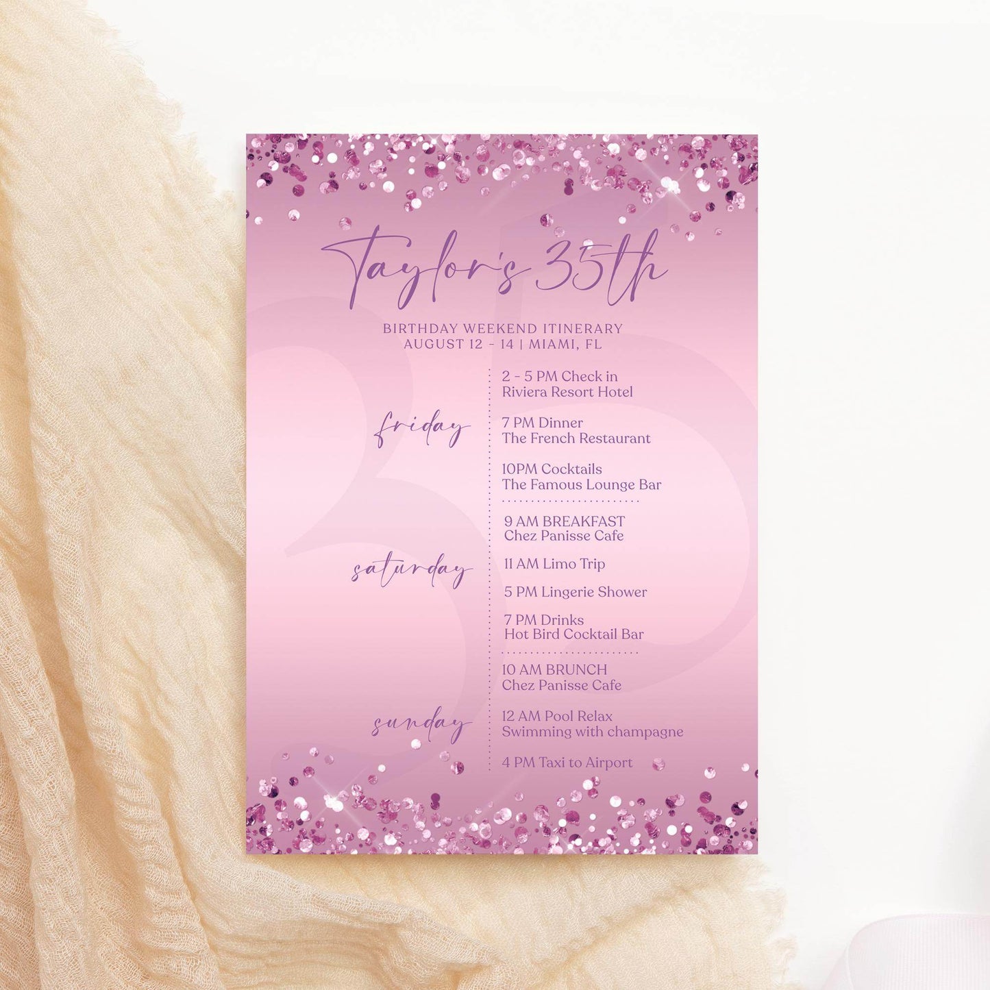 Editable Purple Any Age Woman Birthday Itinerary Template, Printable Lavender Woman Itinerary, Ladies Weekend Itinerary, Email Text Message