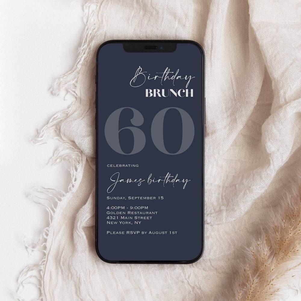 Navy Silver 60th Birthday Brunch Evite – Electronic Party Invitation | Editable Digital Template | Paperless 60th Birthday Invite | Instant Download
