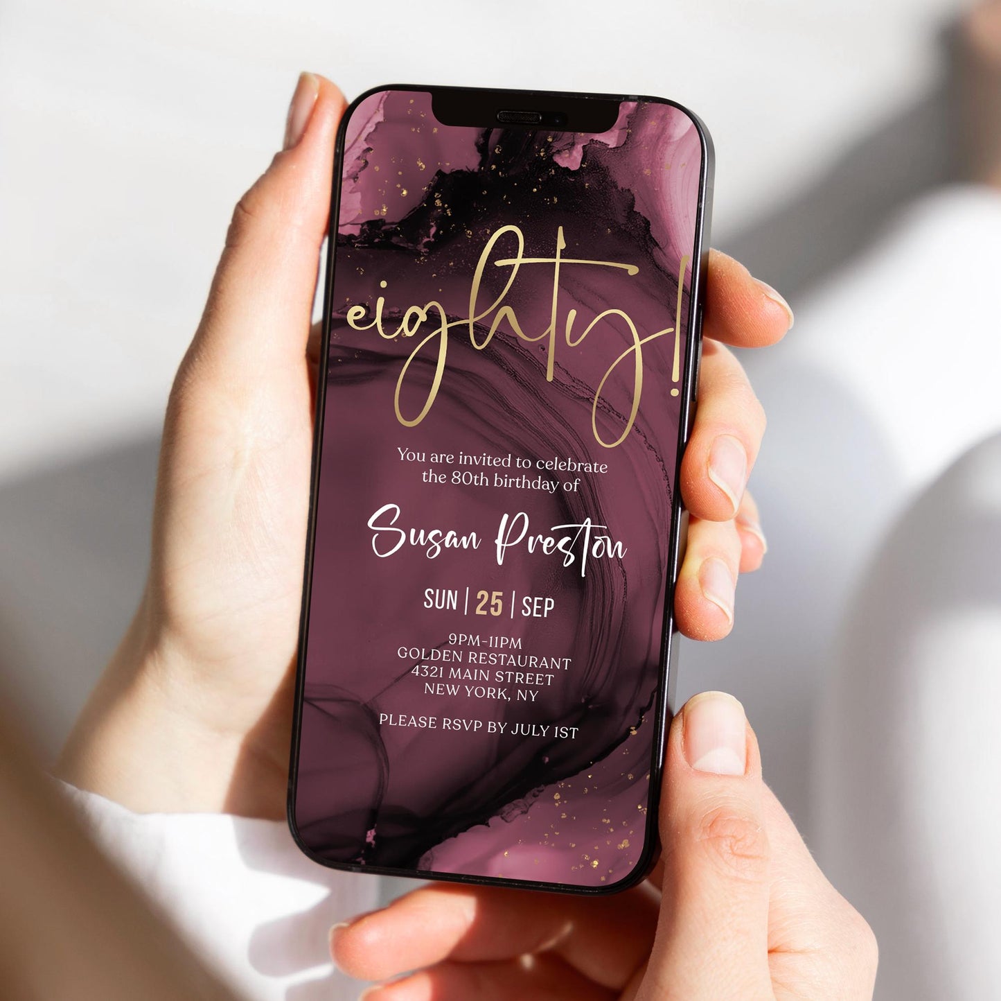 Purple Gold 80th Birthday Invitation Template, Digital Women's Birthday Invite Card, Editable Electronic Evite, Email & Text Message, Instant Download