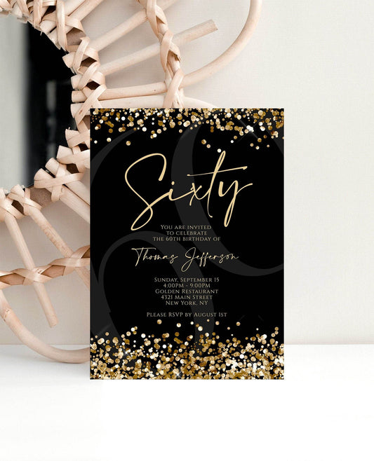 Black Gold 60th Birthday Invitation Template, Printable Sixty Invite for Men, Gold Confetti Editable Card, Digital Email Text Message