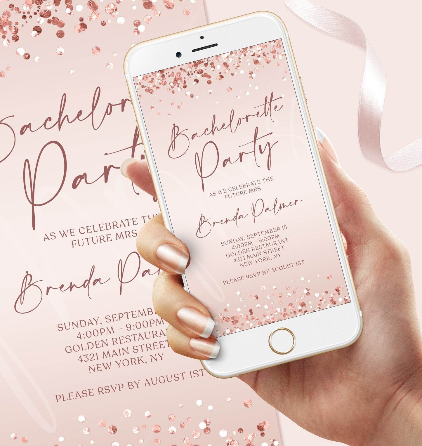 Digital Rose Gold Confetti Bachelorette Party Invitation – Editable Text Message Evite | Mobile Bachelorette Phone Invite Template | Instant Download