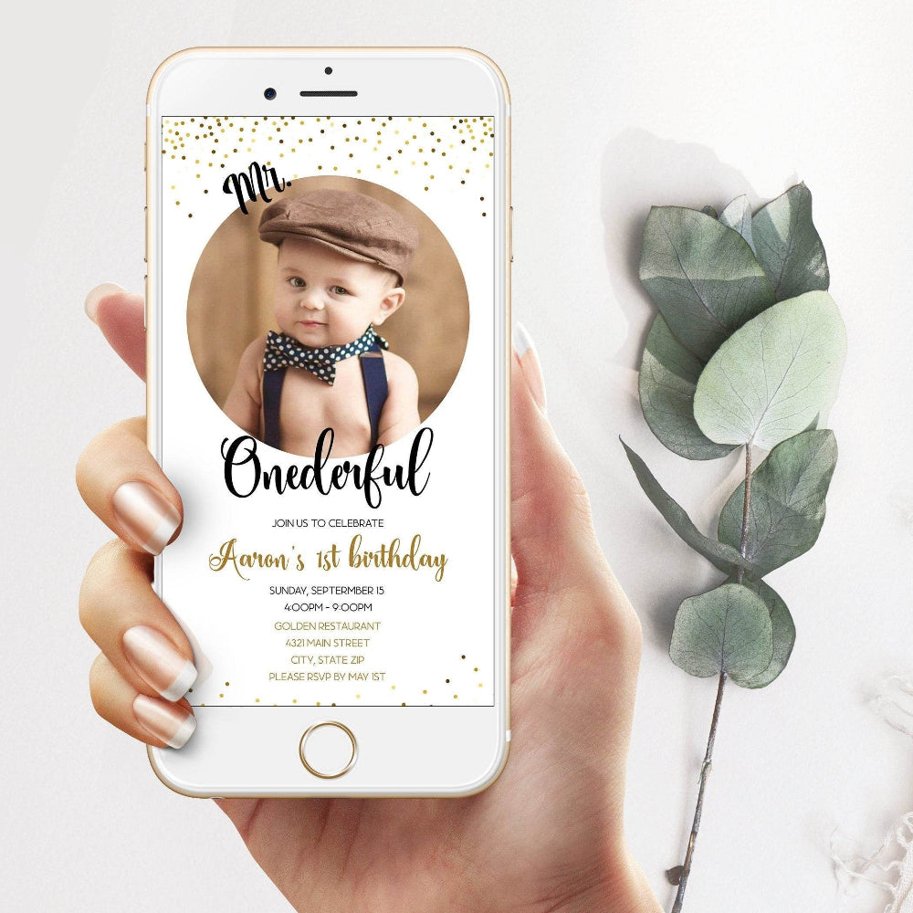 Mr Onederful First Birthday Invitation Template, Editable Photo Evite, Text Message Digital Invite for Boy, One Year Old Party, Instant Download