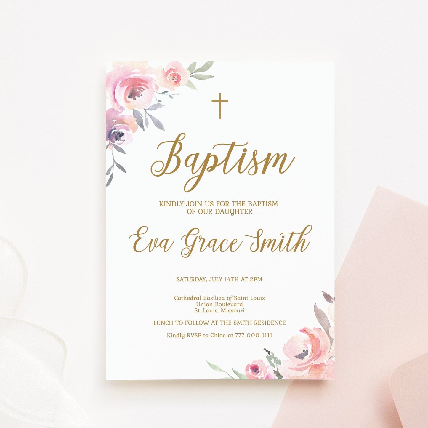 Floral Girl Baptism Invitation Template, Blush Pink Gold Christening Invite, Printable Baptism Girl Invite, Fully Editable Instant Download