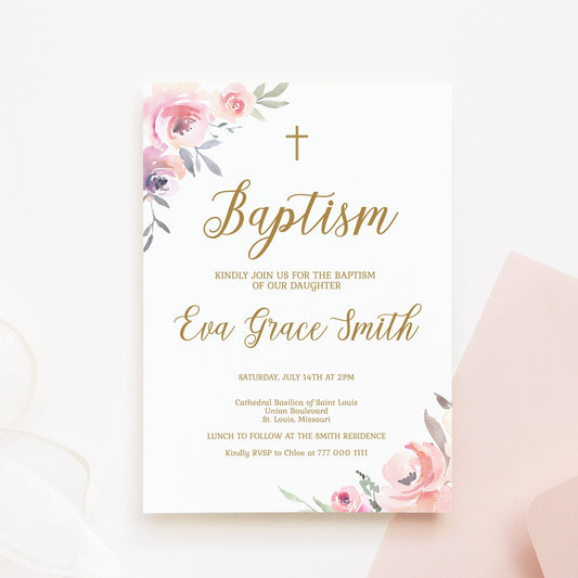 Floral Girl Baptism Invitation Template, Blush Pink Gold Christening Invite, Printable Baptism Girl Invite, Fully Editable Instant Download