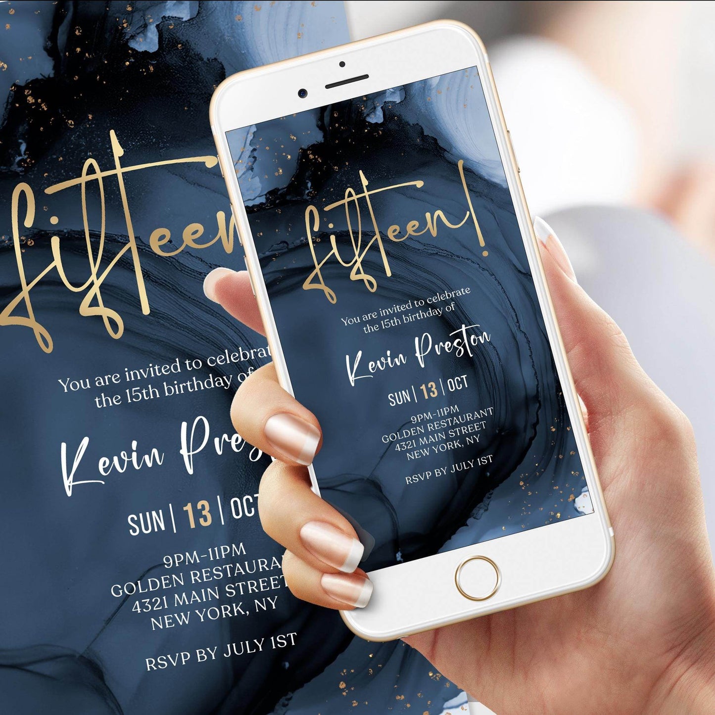 Blue Navy & Gold 15th Birthday Invitation Template for Boys – Digital Fifteen Birthday Party Invite | Editable Electronic Text Message Evite | Instant Download