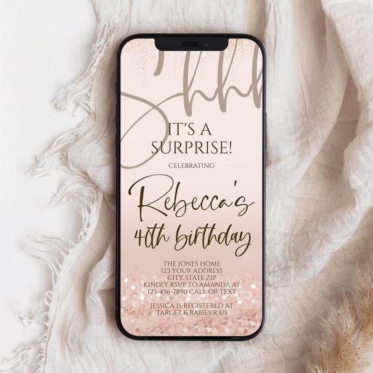 Rose Gold Shhh It's a Surprise 40th Birthday Invitation, Editable Any Age Digital Text Message Invite, Phone Evite, Instant Download
