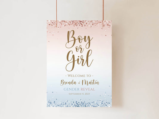 Boy or Girl Welcome Sign Template | Editable Gender Reveal Party Sign | Blue & Pink Baby Shower Decoration | Printable Instant Download