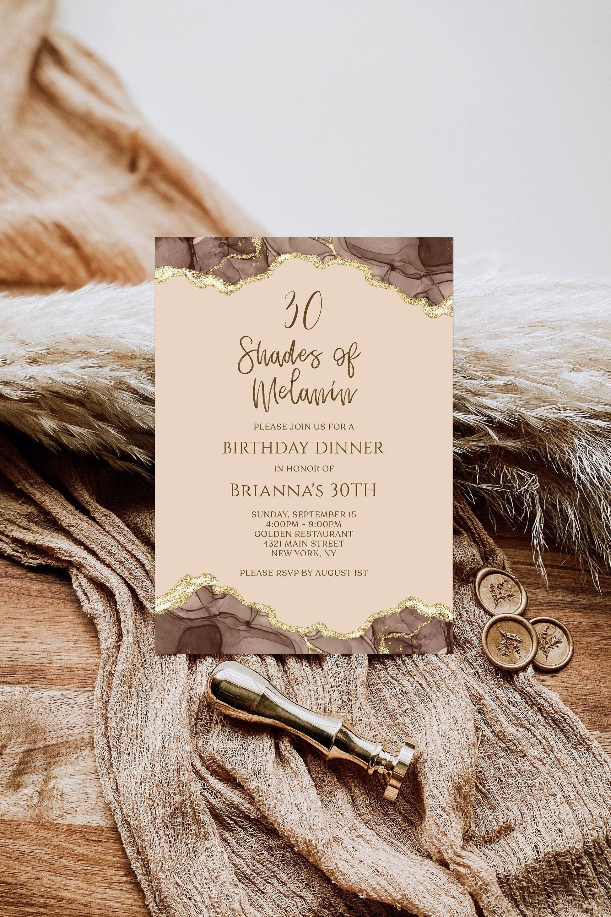 Shades of Melanin Birthday Dinner Invitation, Editable Brown Gold Agate Invite, Printable Digital Evite, Text Message Template