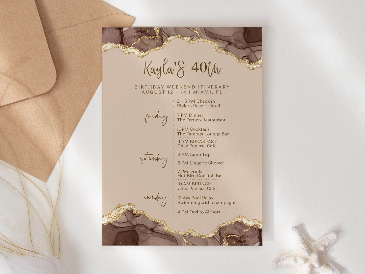 Printable Brown Gold Birthday Weekend Itinerary Template, Editable Shades of Melanin Women’s Trip Planner, Ladies Birthday Party Schedule