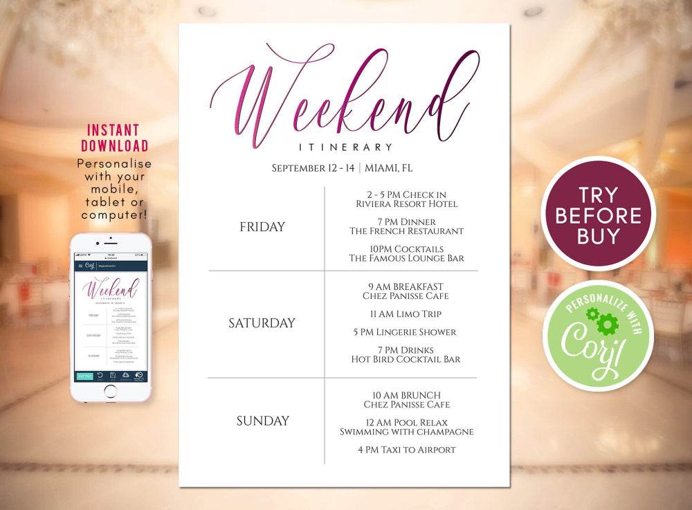 Weekend Itinerary Template | Editable Pink Bachelorette & Birthday Itinerary | Printable Hens Party Weekend Schedule | Instant Download