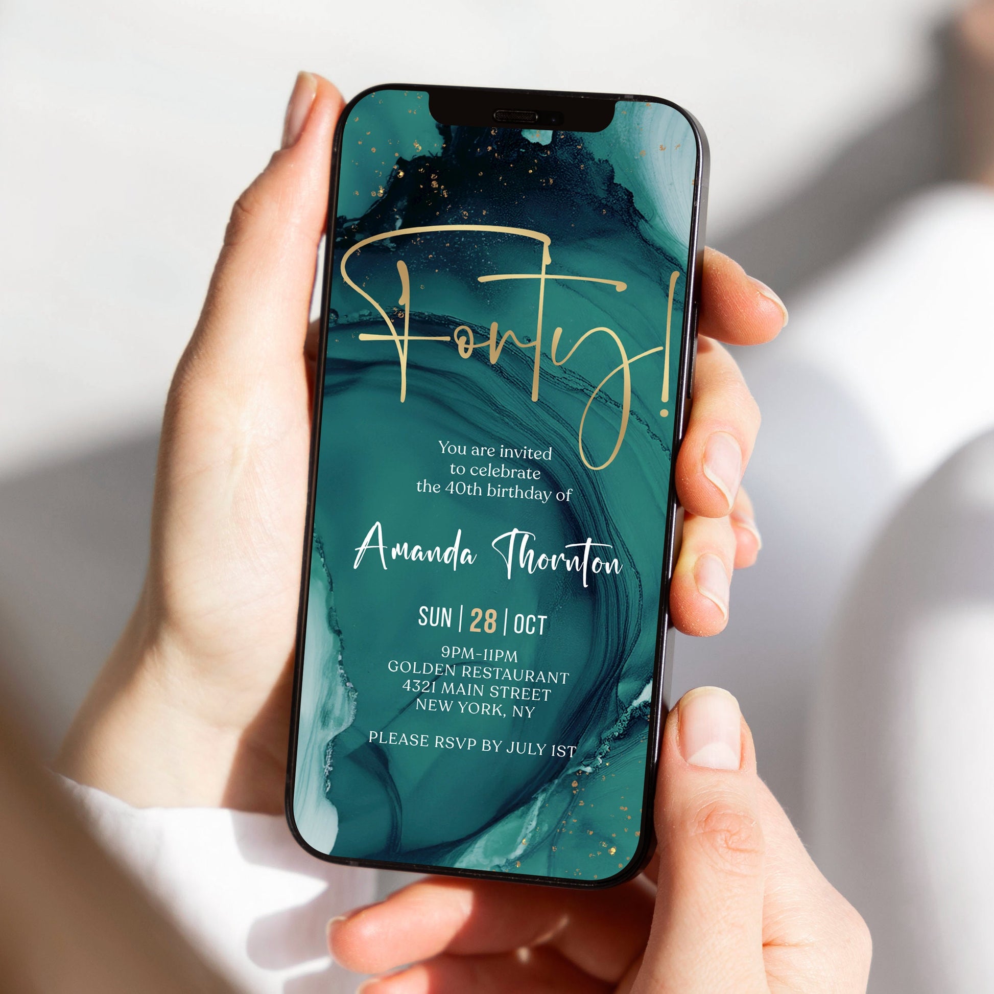 Teal Gold Forty 40th Birthday Invitation Template, Digital Any Gender Invite, Electronic Self Editable Template eCard, Text Message Evite