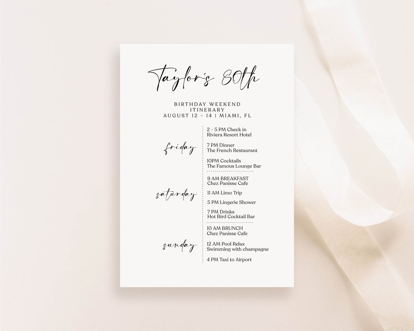 Editable 80th Birthday Itinerary Template, Minimalist White Printable Weekend Schedule Invite, Digital Eighty Birthday Itinerary Download