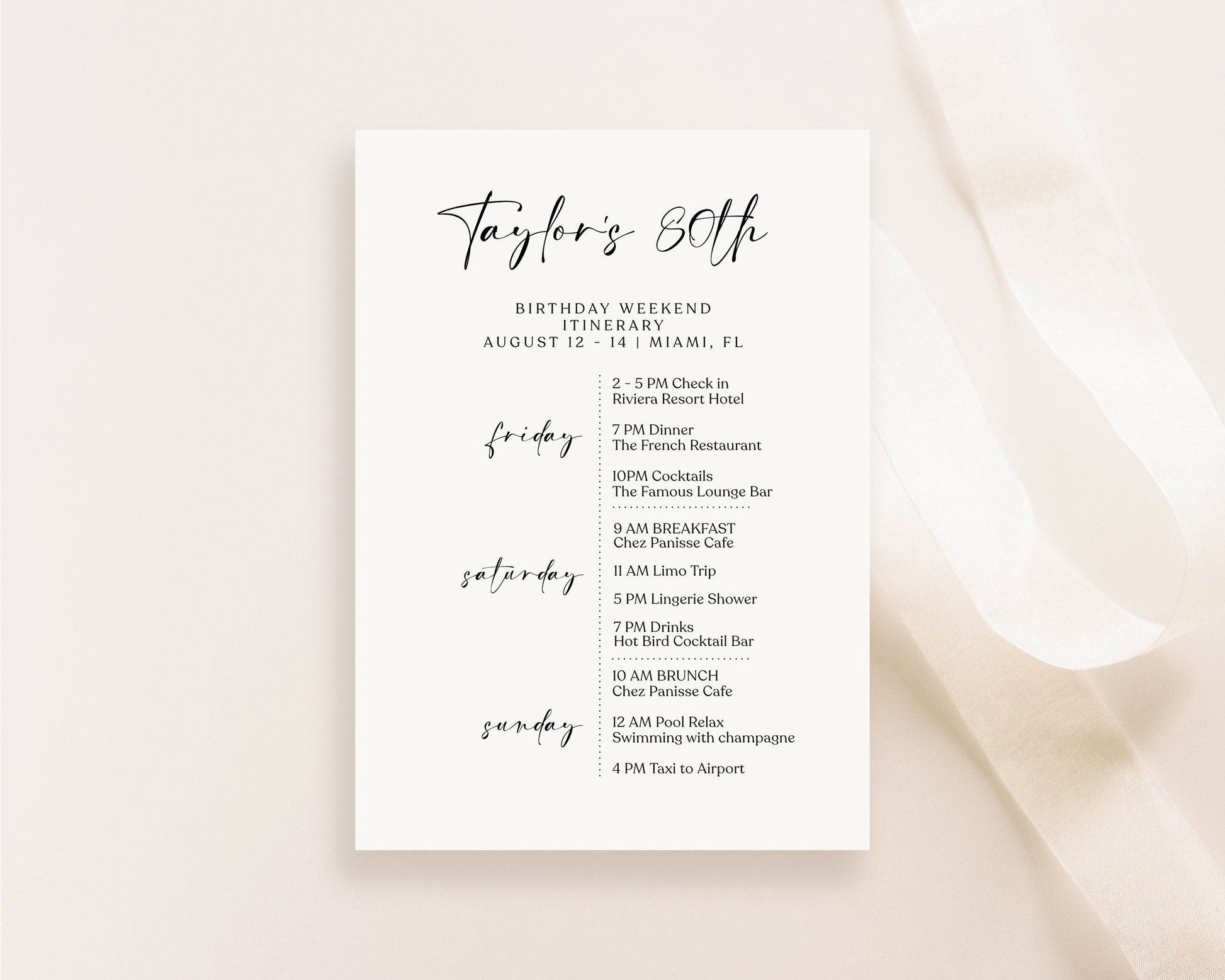 Editable 80th Birthday Itinerary Template, Minimalist White Printable Weekend Schedule Invite, Digital Eighty Birthday Itinerary Download