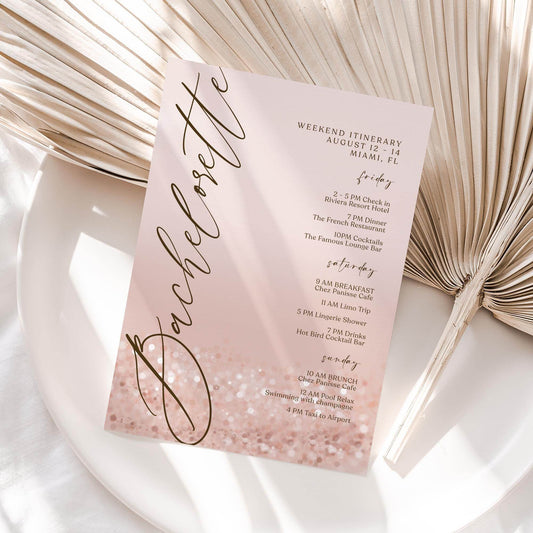 Bachelorette Weekend Itinerary Template – Editable Rose Gold Hen Party Weekend Schedule | Printable Bachelorette Itinerary | Instant Download