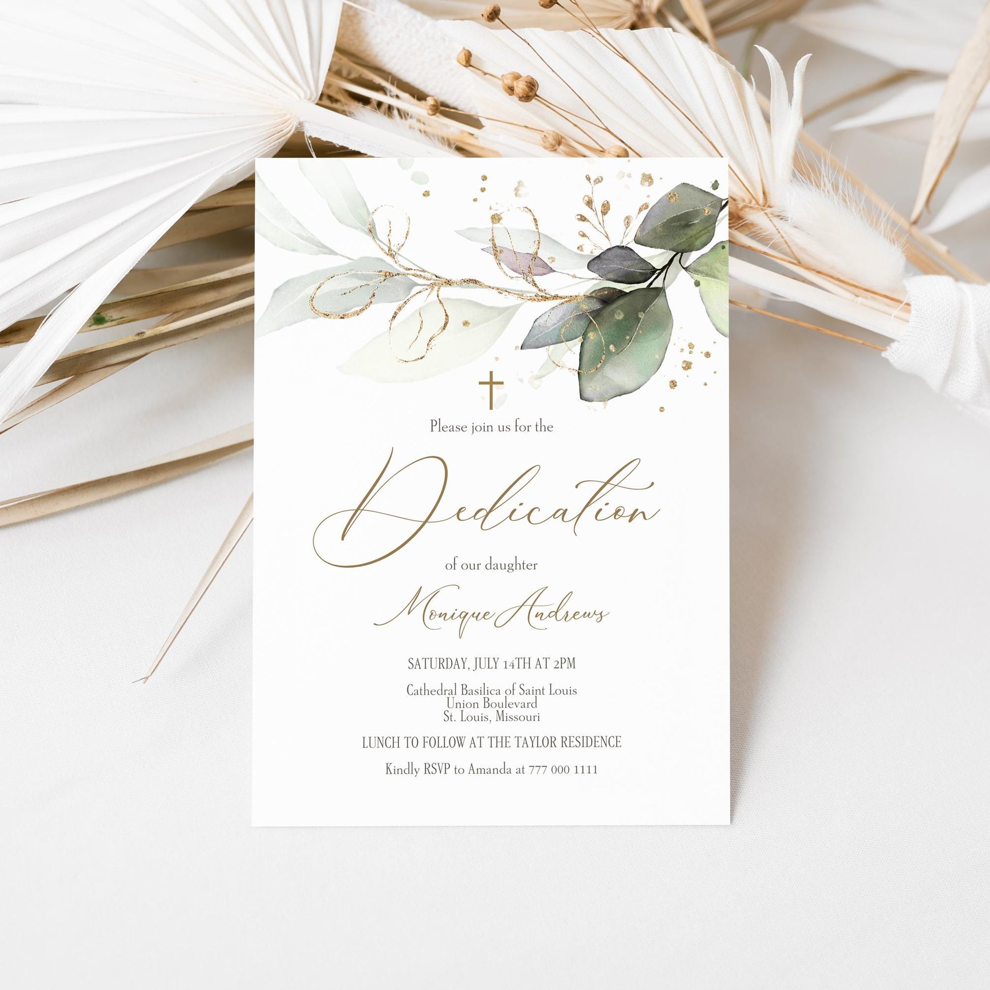 Editable Dedication Invitation Card Template, Printable Greenery Dedication Invite, Boy Girl Baptism Invitation, Digital Template Download
