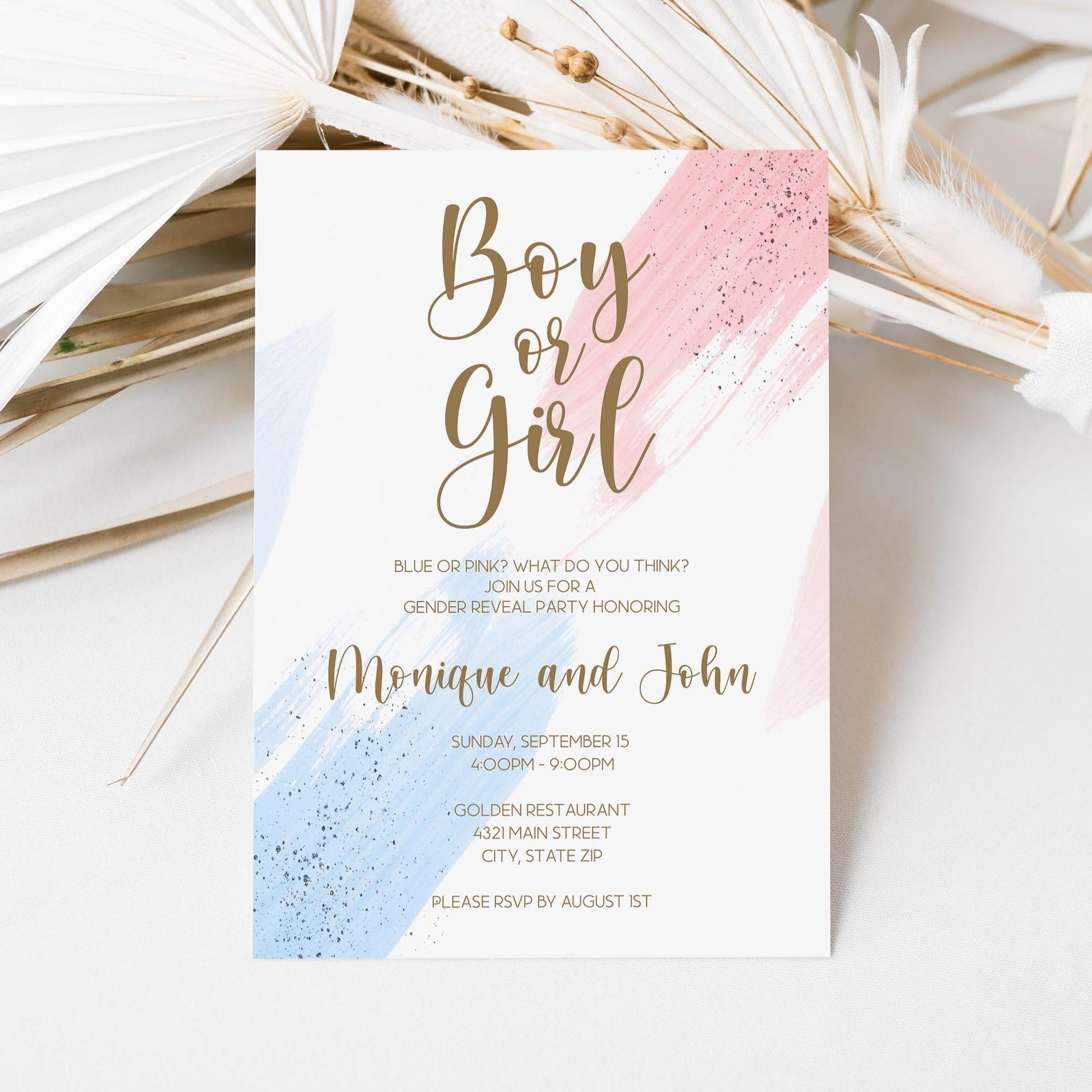 Boy or Girl Gender Reveal Invitation Template, Printable Pink and Blue Baby Shower Invite, He or She Editable Digital Invitation, Instant Download