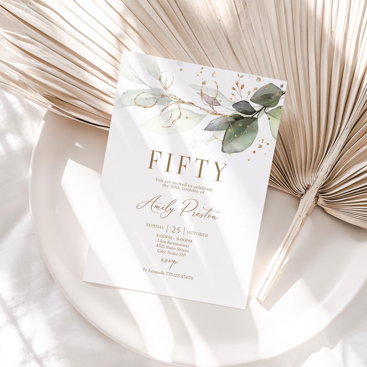 Editable Fifty 50th birthday Invitation Card Template, Printable Greenery Gold Leaves Birthday Invite, Digital Template, Email Text Message