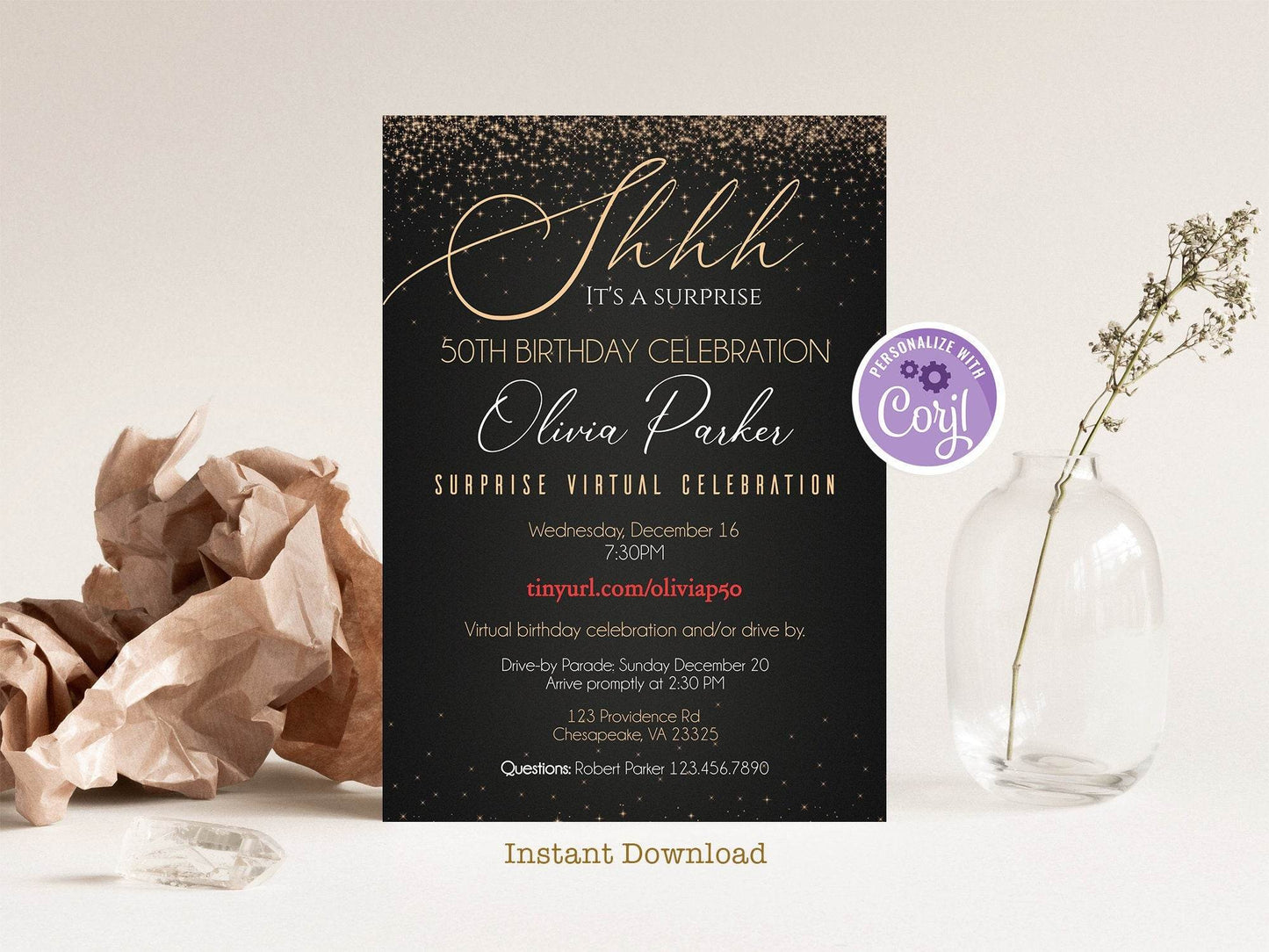 50th Surprise Virtual Birthday Invitation, Printable Black & Gold Women Birthday, 50 Birthday Invite, Any Age Birthday Invitation, Download