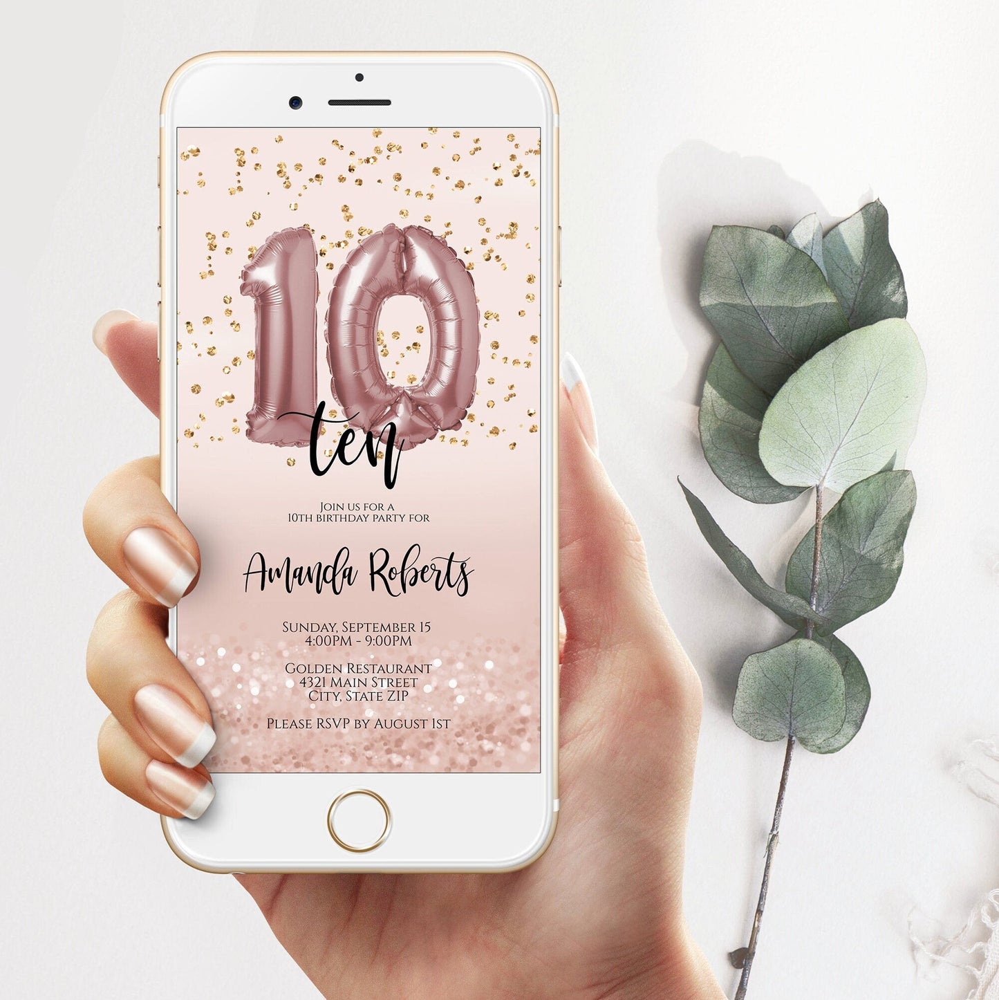 10th Birthday Invitation Electronic, Ten Editable Invite for girls, 10 Ballons, Mobile Birthday Invite, Evite, Digital Template, Phone text message