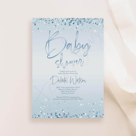 Boy Baby Shower Invitation Template | Editable Blue & Silver Confetti Invite | Digital Baby Shower Evite | Printable Instant Download
