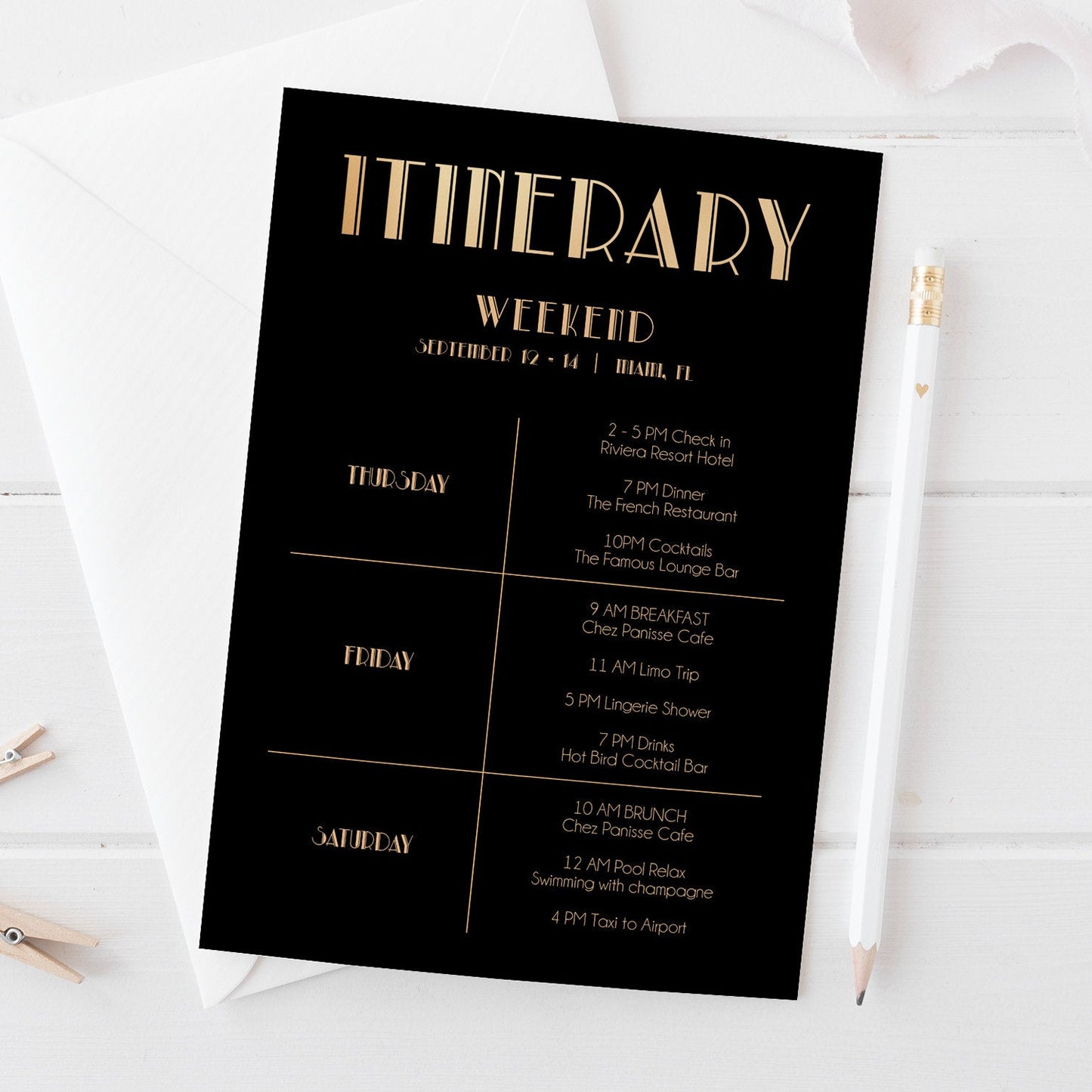 Luxury Art Deco Printable Itinerary Invitation Template, Black Gold 1920s Birthday Weekend Editable Itinerary, Instant Download Bachelorette