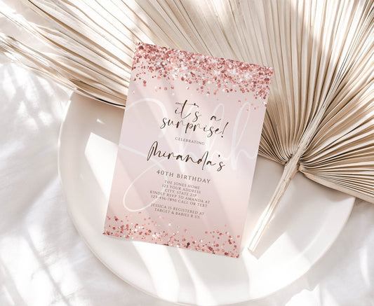 Printable Shhh it's a surprise Forty 40th birthday invitation template, Editable birthday template, Pink Rose Gold invite, Instant Download