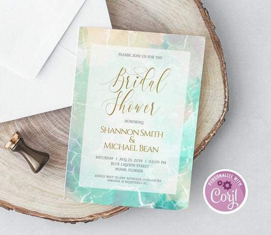 Watercolor Beach Bridal Shower Invitation Template – Editable Ocean Theme Invite | Printable Coastal Bridal Shower Card | Instant Digital Download