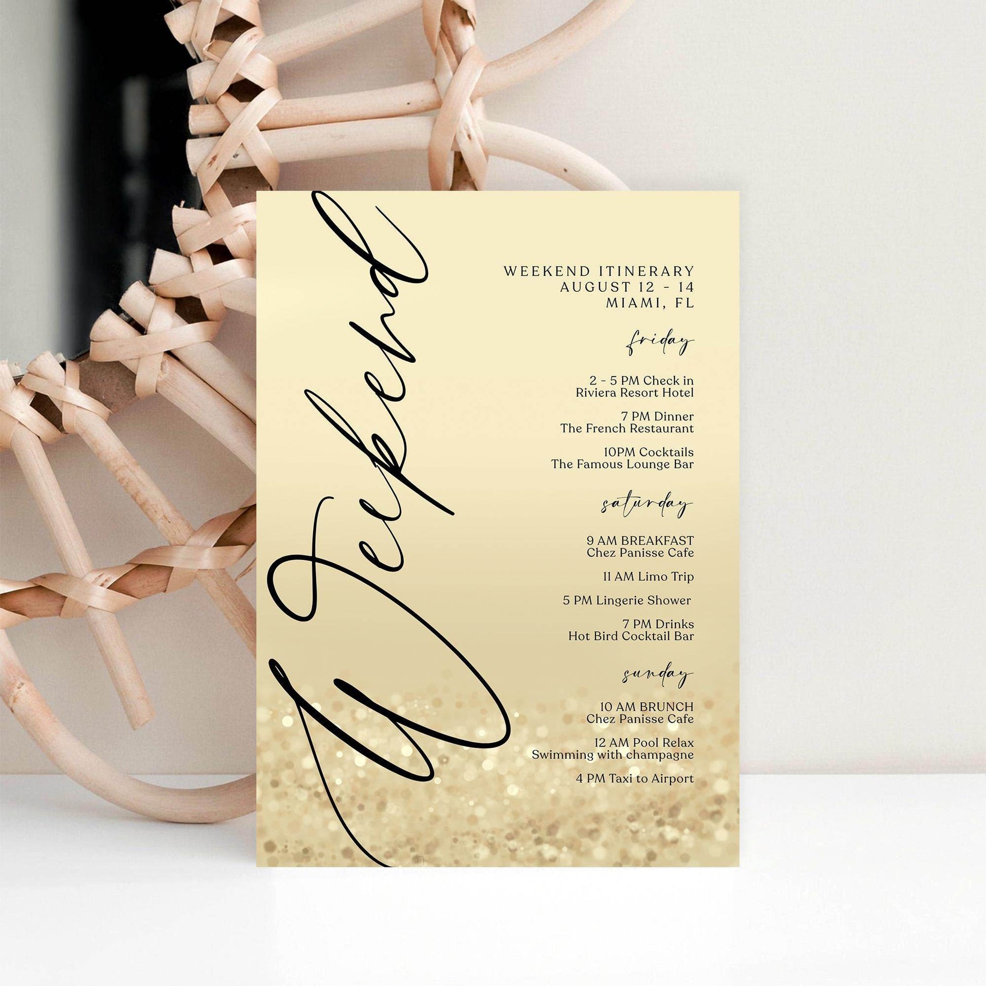 Weekend Itinerary Template – Editable Gold Birthday or Bachelorette Weekend Schedule | Printable Hen Party Itinerary | Text Message Digital Download