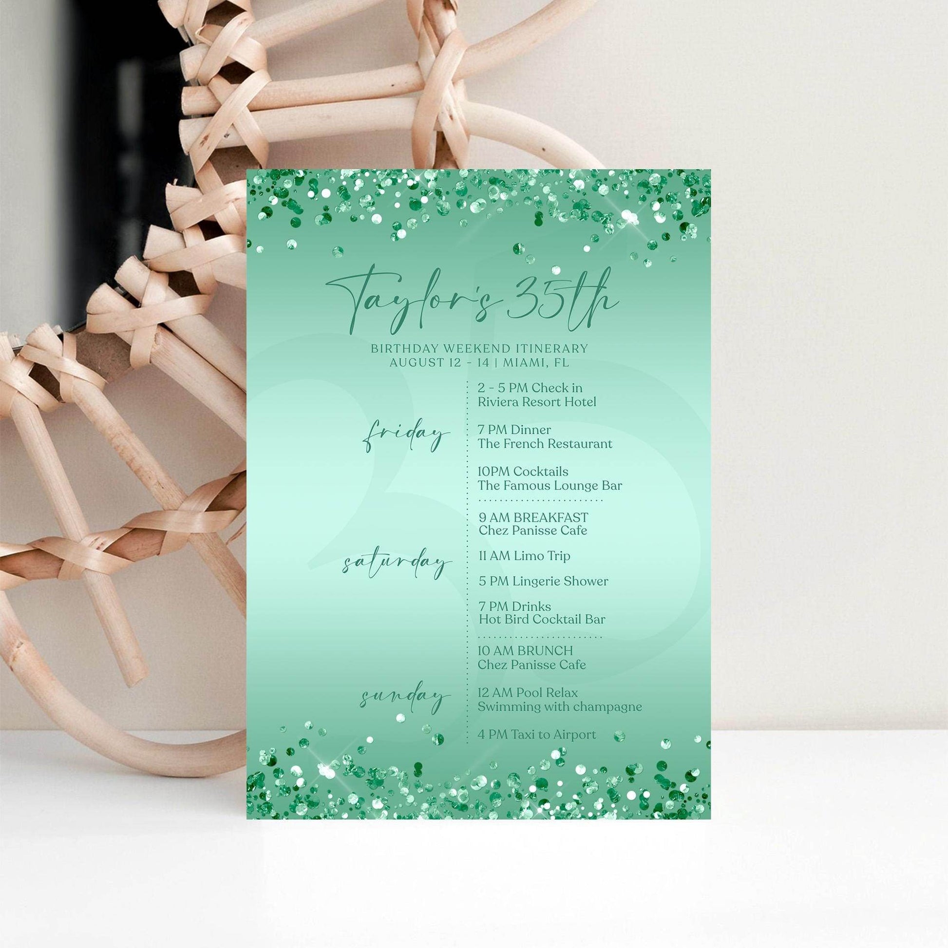 Editable Green Mint Birthday Itinerary Template, Printable Woman Itinerary, Ladies Weekend Itinerary, Party Schedule, Email Text Message